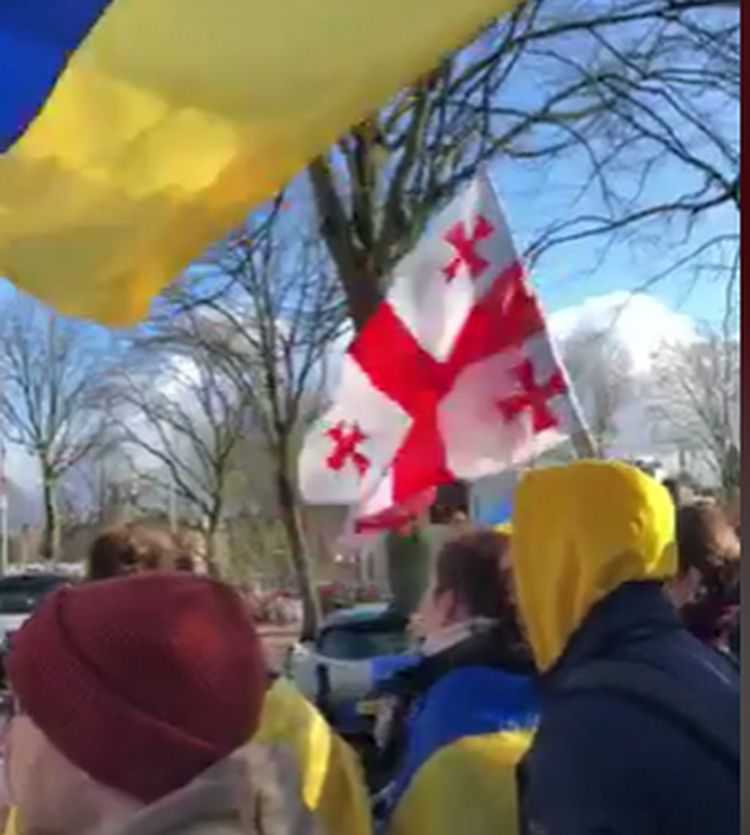 ლონდონსა და ჰააგაში უკრაინული დროშების გვერდით ქართული დროშებიც ფრიალებს